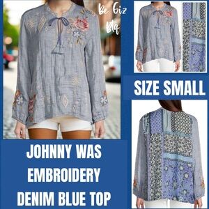 NWT Johnny Was Umoya Patchwork Scarf Floral Embroidery Blouse Denim Blue Small